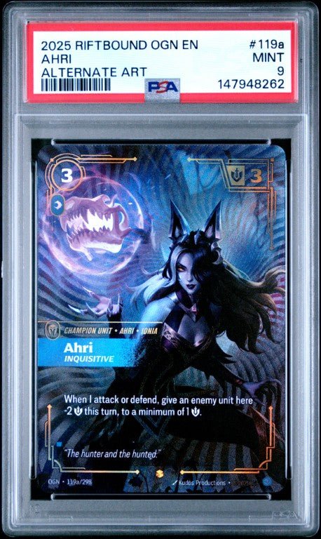 2025 Riftbound: League Of Legends Ogn-Origins #119a Ahri Alternate Art PSA 9: graded slab, front view
