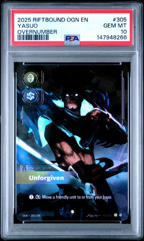 2025 Riftbound: League Of Legends Ogn-Origins #305 Yasuo Overnumber PSA 10: graded slab, front view