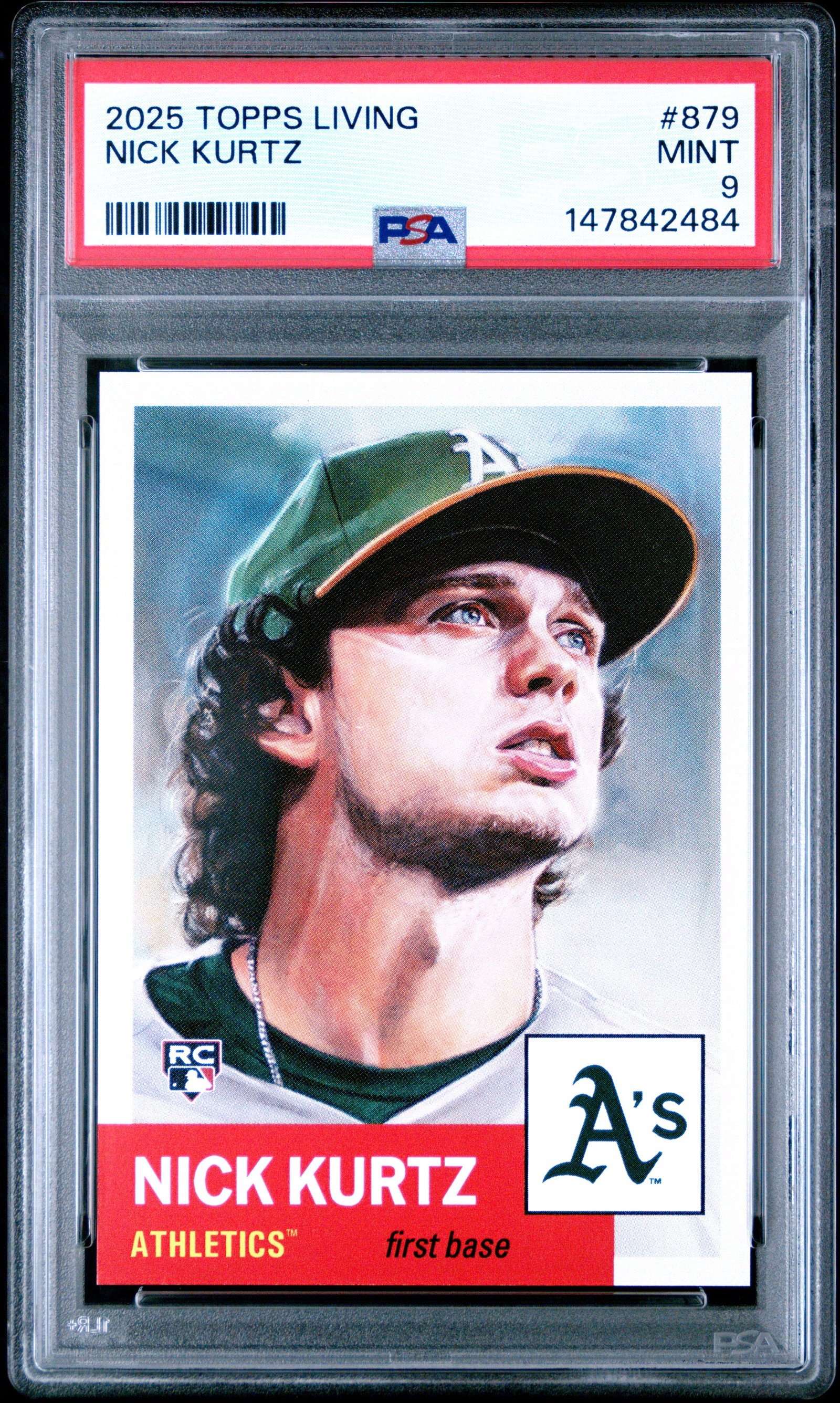 2025 Topps Nick Kurtz 879 Topps Living PSA 9: graded slab, front view