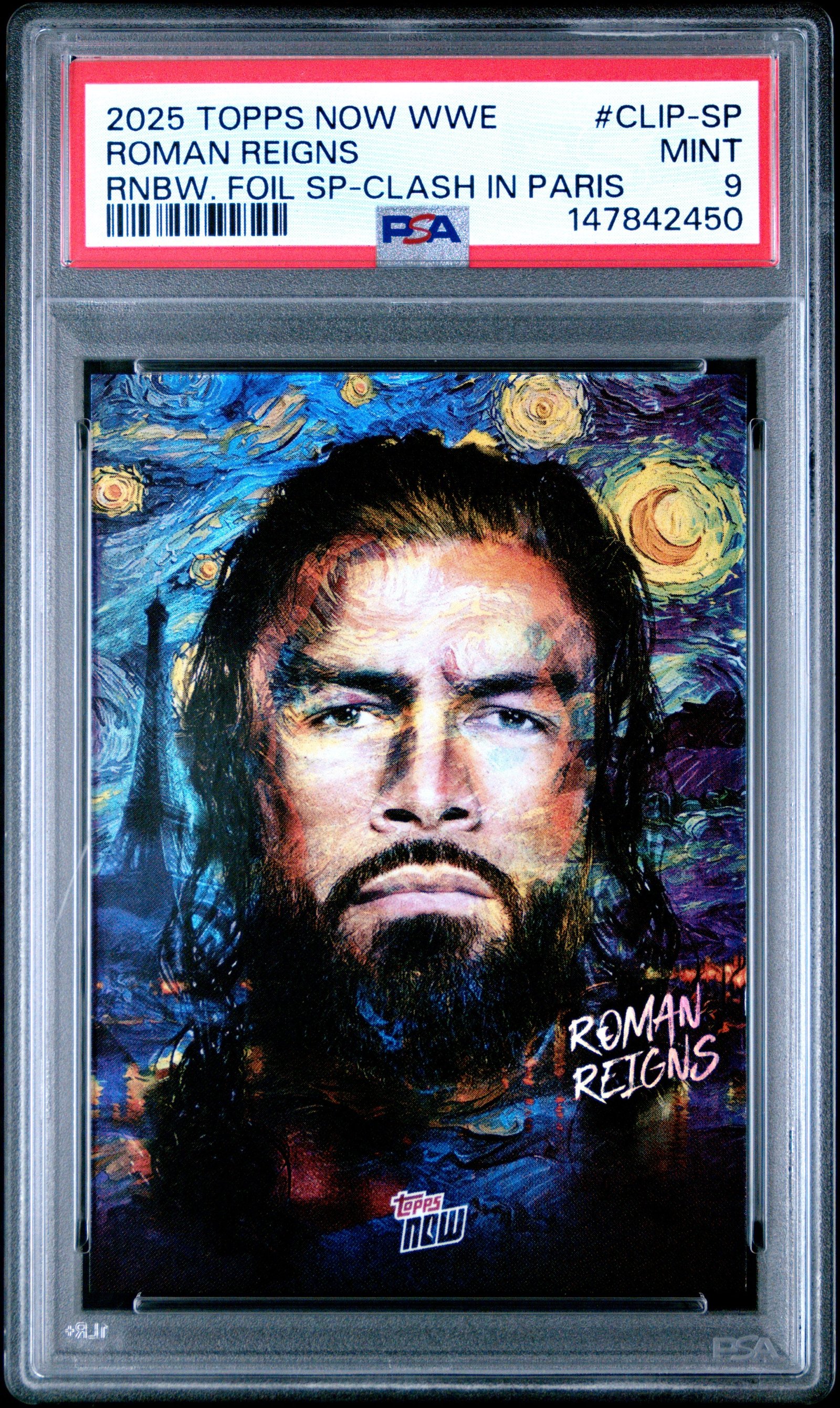 2025 TOPPS NOW WWE CLASH IN PARIS #CLIP-SP ROMAN REIGNS RNBW. FOIL SP-CLASH IN PARIS PSA 9: graded slab, front view