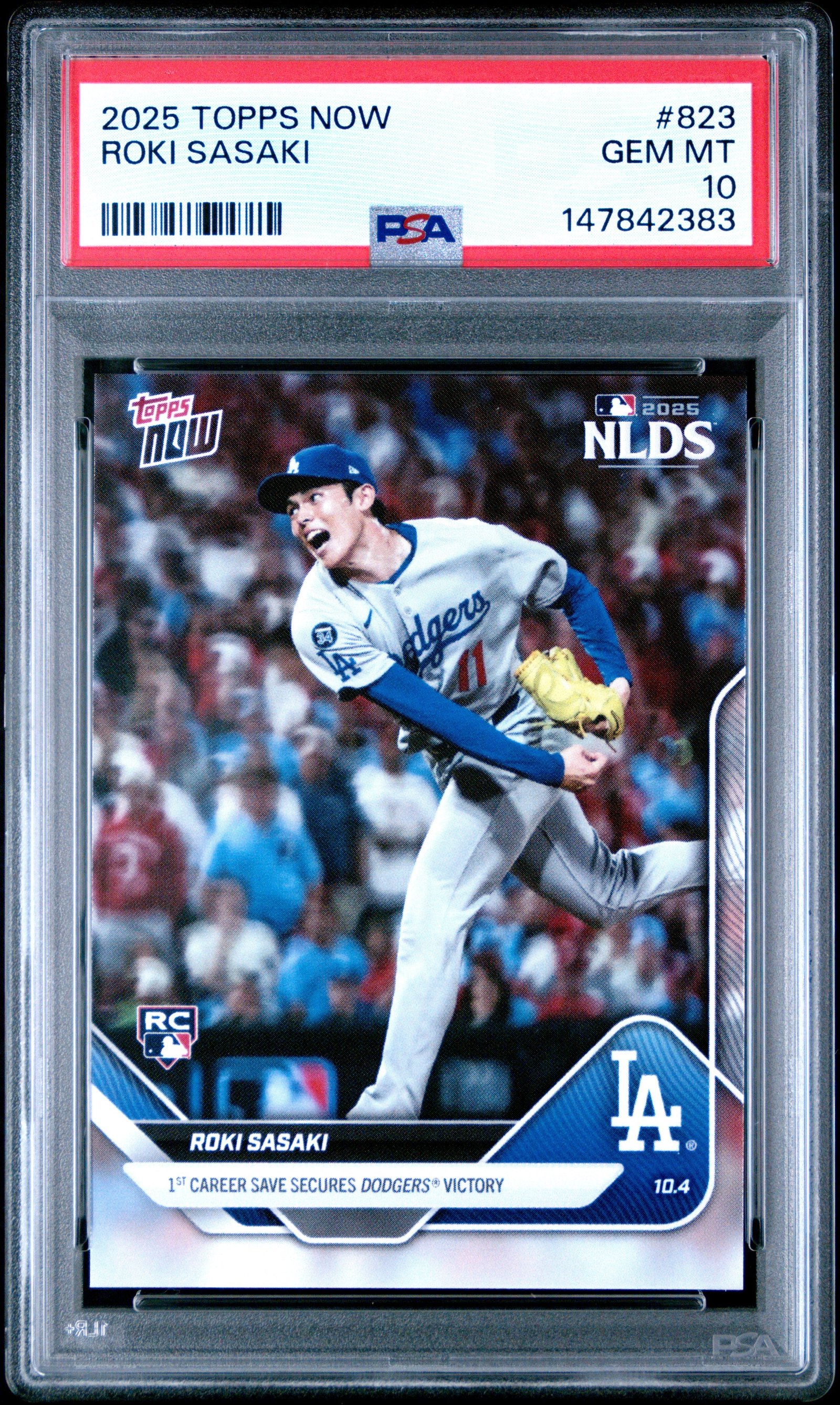 2025 Topps Roki Sasaki 823 Topps Now PSA 10: graded slab, front view