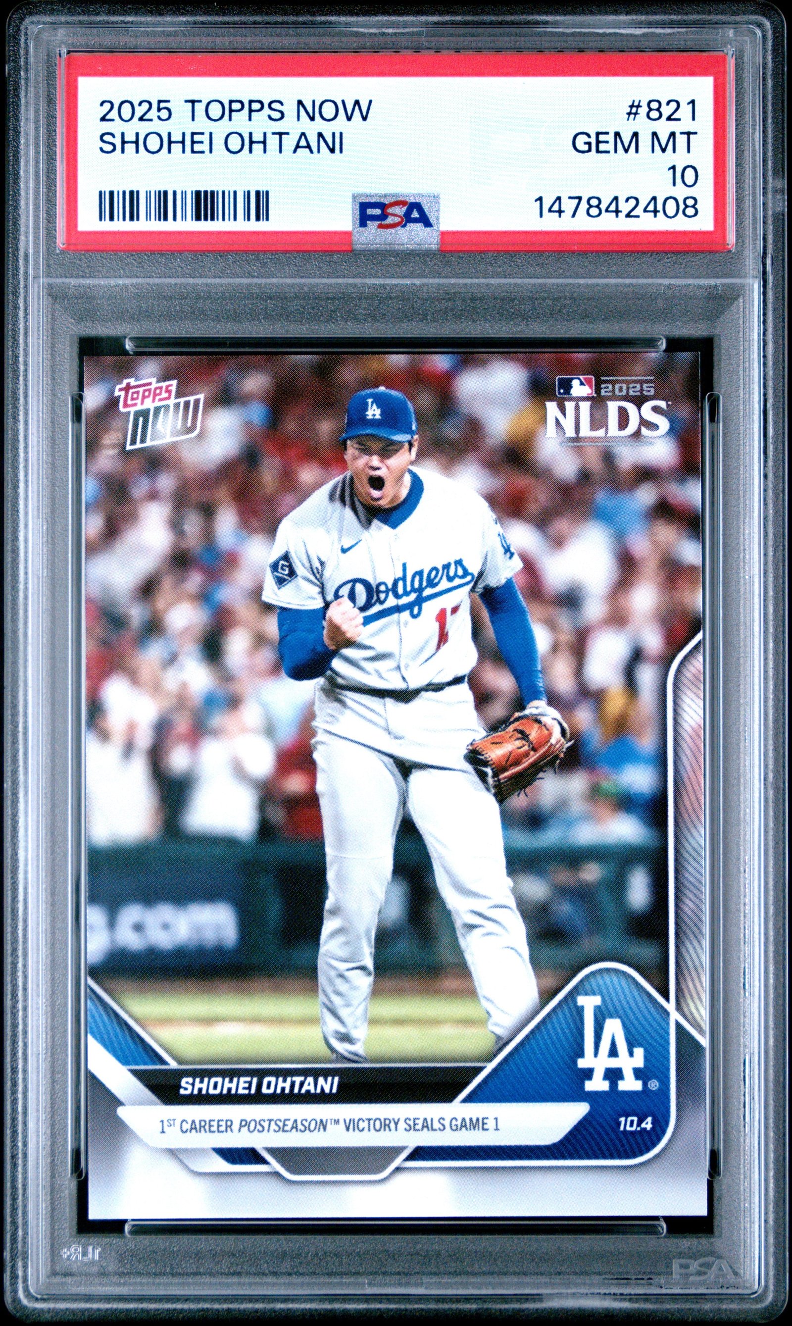 2025 Topps Shohei Ohtani 821 Topps Now PSA 10: graded slab, front view