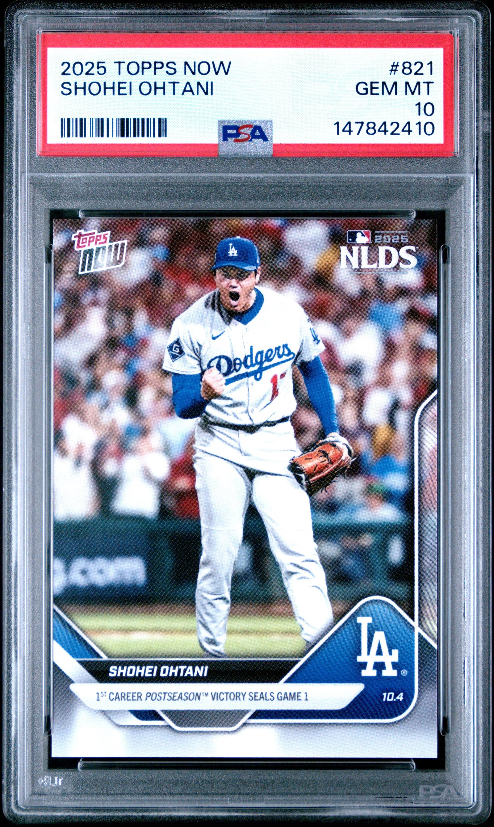 2025 Topps Shohei Ohtani 821 Topps Now PSA 10: graded slab, front view