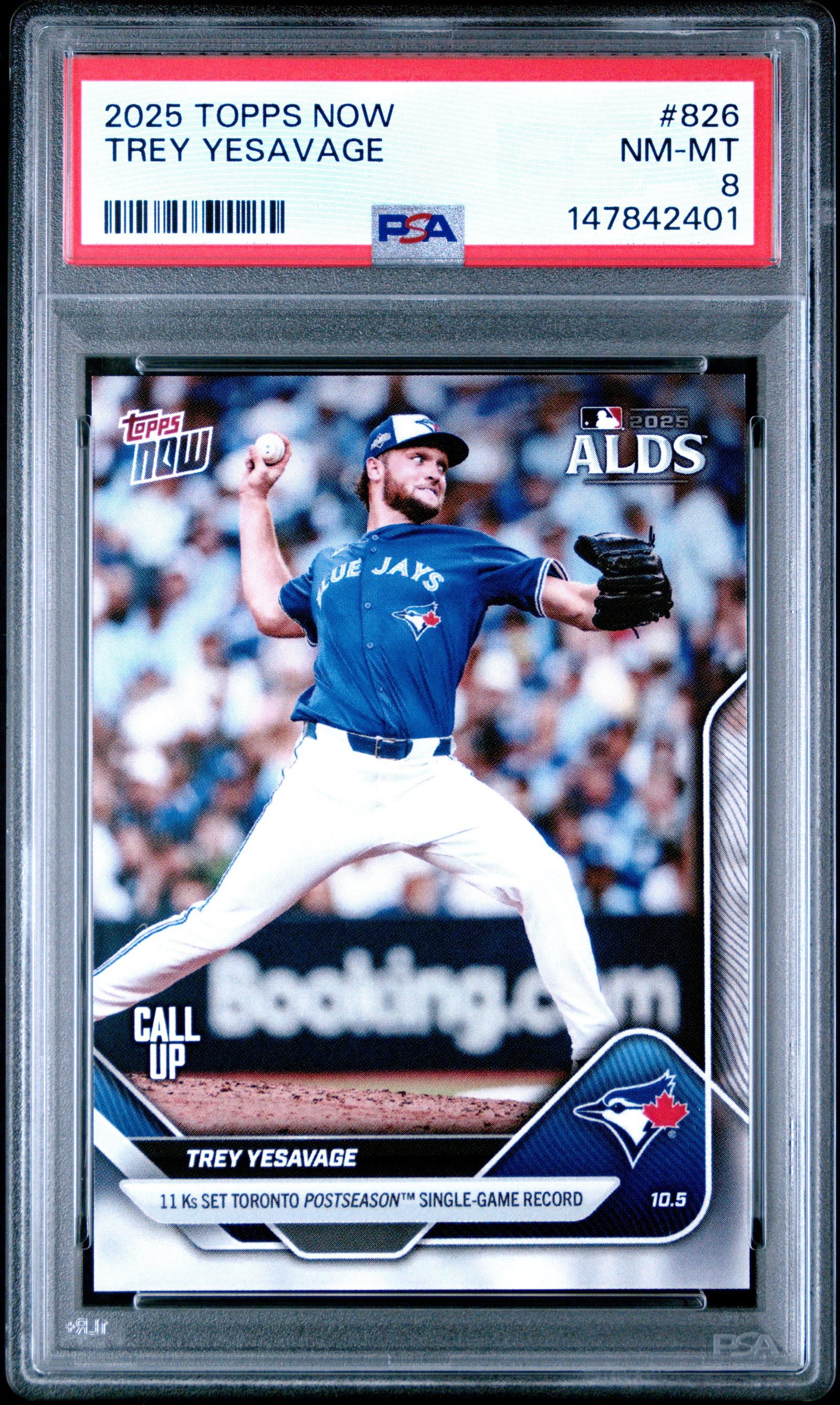2025 Topps Trey Yesavage 826 Topps Now PSA 8: graded slab, front view
