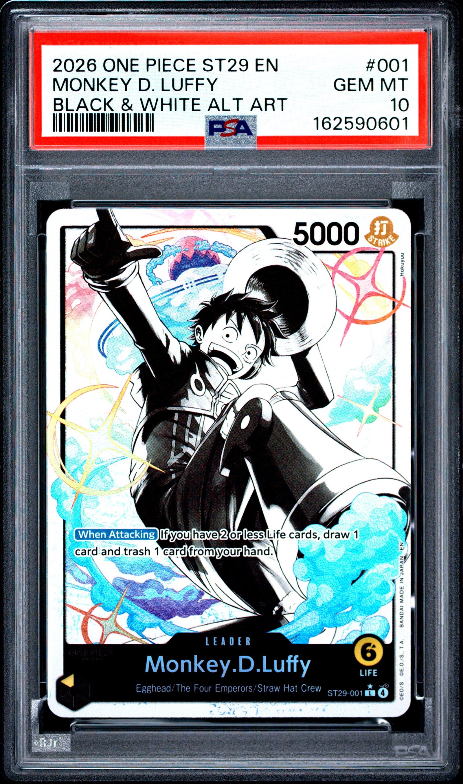 2026 One Piece Monkey D. Luffy 001/114 One Piece Starter Deck St29-Egghead Black & White Alternate Art PSA 10: graded slab, front view