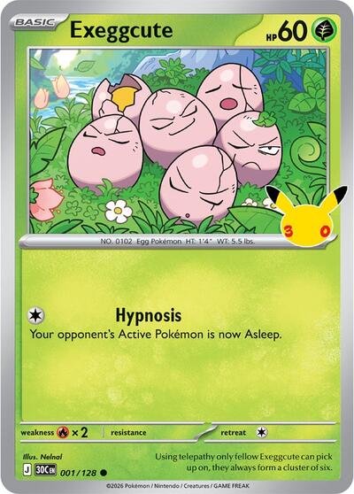 Pokémon card: Exeggcute 001/128 from 30th Celebration (M6a) (Common), Grass type, front of card