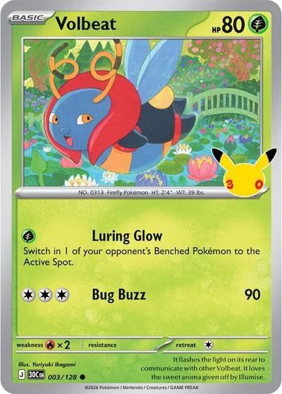 Pokémon card: Volbeat 003/128 from 30th Celebration (M6a) (Common), Grass type, front of card