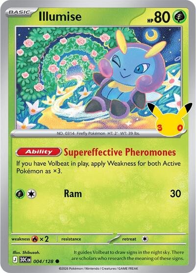 Pokémon card: Illumise 004/128 from 30th Celebration (M6a) (Common), Grass type, front of card