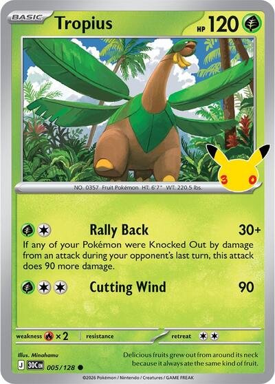 Pokémon card: Tropius 005/128 from 30th Celebration (M6a) (Common), Grass type, front of card