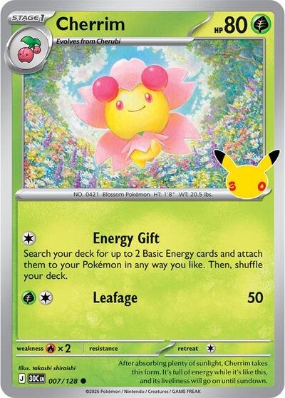 Pokémon card: Cherrim 007/128 from 30th Celebration (M6a) (Common), Grass type, front of card