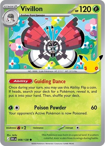Pokémon card: Vivillon 008/128 from 30th Celebration (M6a) (Common), Grass type, front of card