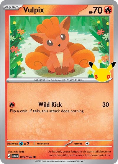 Pokémon card: Vulpix 009/128 from 30th Celebration (M6a) (Common), Fire type, front of card