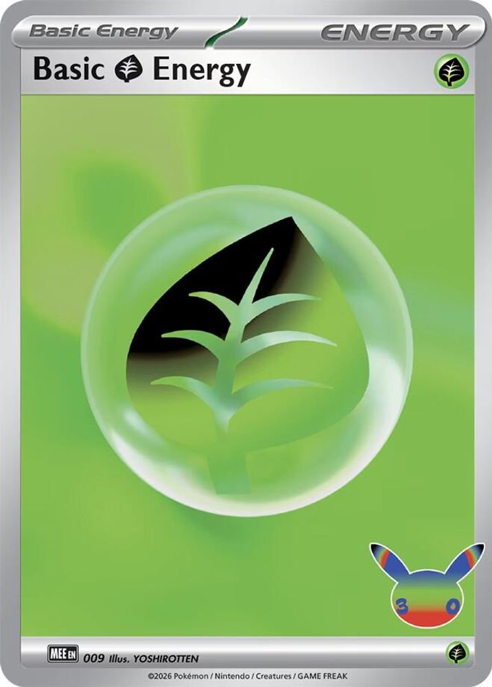 Pokémon card: Basic Grass Energy (Holofoil) 009 from 30th Celebration (M6a), front of card