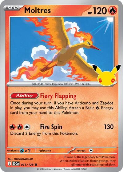 Pokémon card: Moltres 011/128 from 30th Celebration (M6a) (Common), Fire type, front of card