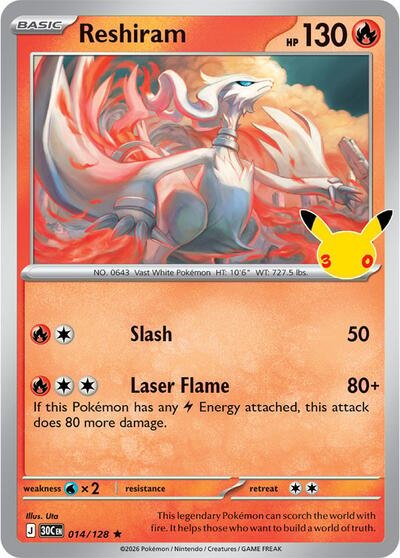 Pokémon card: Reshiram 014/128 from 30th Celebration (M6a) (Rare), Fire type, front of card