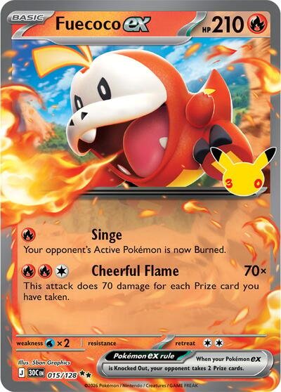Pokémon card: Fuecoco ex 015/128 from 30th Celebration (M6a) (Double Rare), Fire type, front of card