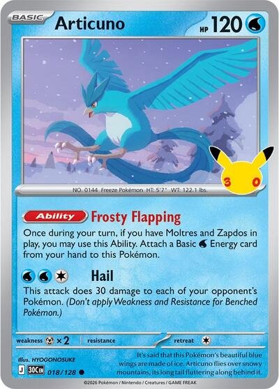 Pokémon card: Articuno 018/128 from 30th Celebration (M6a) (Common), Water type, front of card