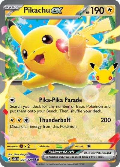 Pokémon card: Pikachu ex 053/128 from 30th Celebration (M6a) (Double Rare), Lightning type, front of card
