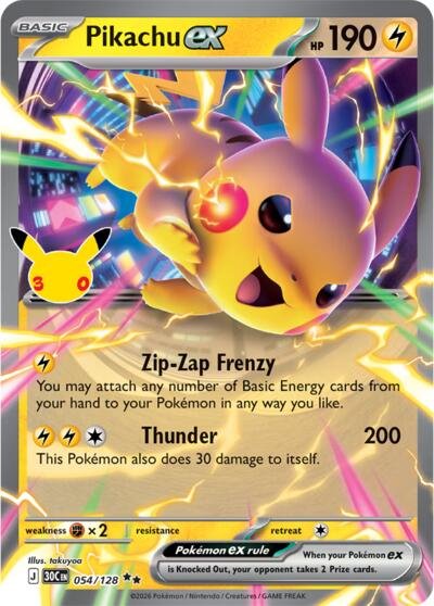 Pokémon card: Pikachu ex 054/128 from 30th Celebration (M6a) (Double Rare), Lightning type, front of card