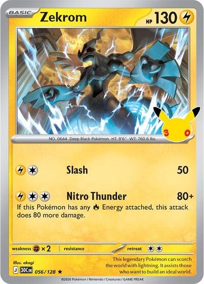 Pokémon card: Zekrom 056/128 from 30th Celebration (M6a) (Rare), Lightning type, front of card