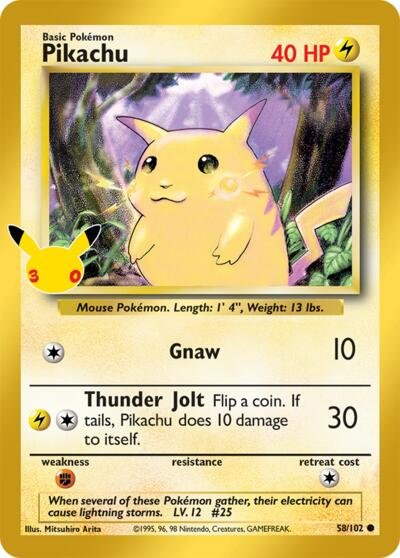Pokémon card: Pikachu Classic Collection 058/102 from 30th Celebration, front of card