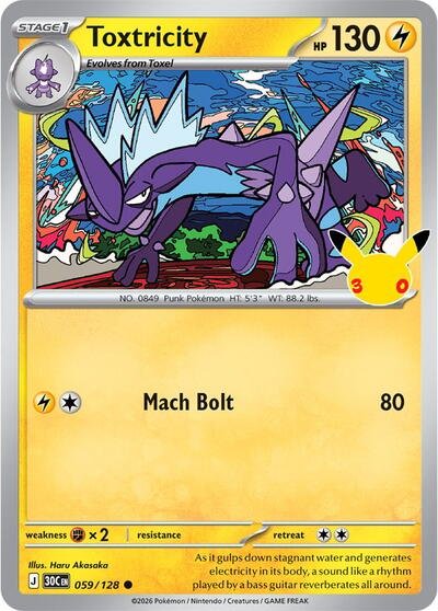 Pokémon card: Toxtricity 059/128 from 30th Celebration (M6a) (Common), Lightning type, front of card