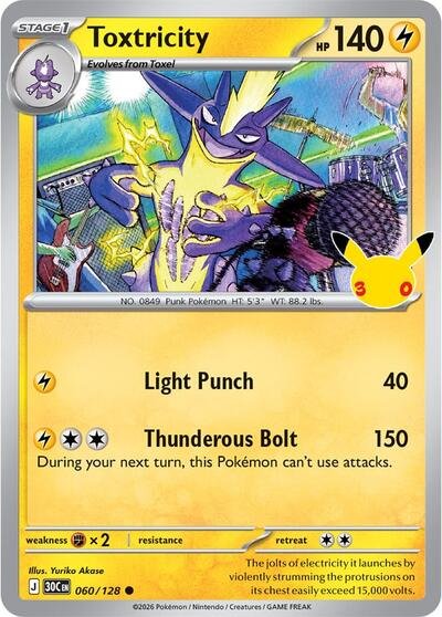 Pokémon card: Toxtricity 060/128 from 30th Celebration (M6a) (Common), Lightning type, front of card
