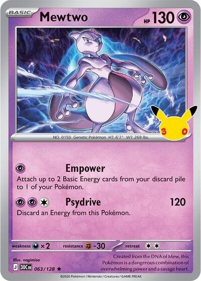 Pokémon card: Mewtwo 063/128 from 30th Celebration (M6a) (Rare), Psychic type, front of card