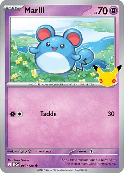 Pokémon card: Marill 067/128 from 30th Celebration (M6a) (Common), Psychic type, front of card