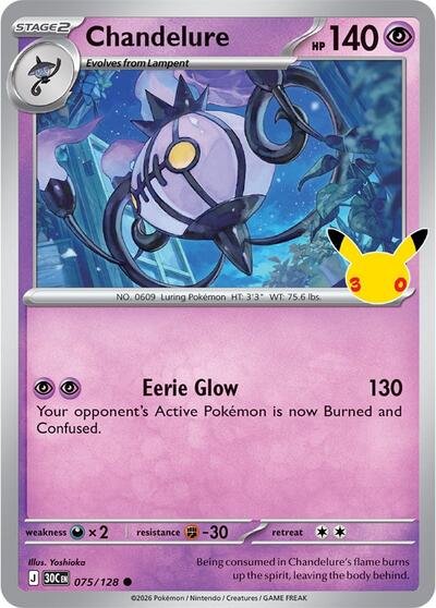 Pokémon card: Chandelure 075/128 from 30th Celebration (M6a) (Common), Psychic type, front of card