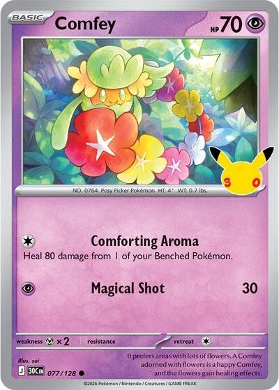 Pokémon card: Comfey 077/128 from 30th Celebration (M6a) (Common), Psychic type, front of card
