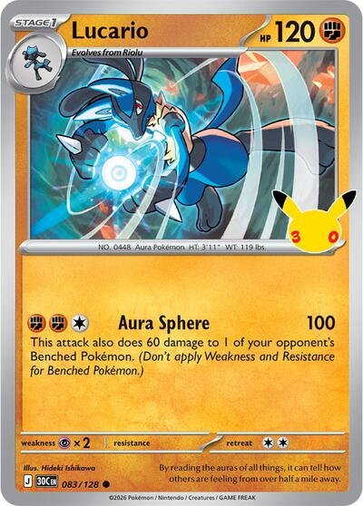 Pokémon card: Lucario 083/128 from 30th Celebration (M6a) (Common), Fighting type, front of card
