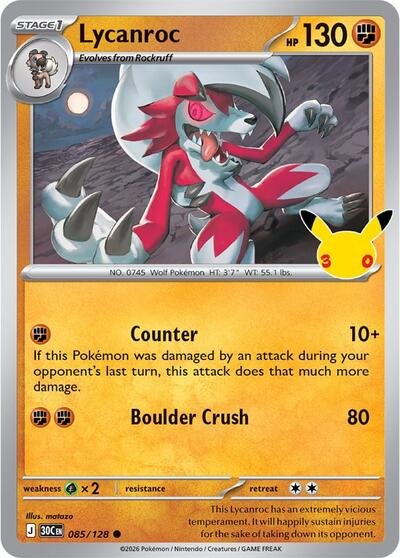 Pokémon card: Lycanroc 085/128 from 30th Celebration (M6a) (Common), Fighting type, front of card