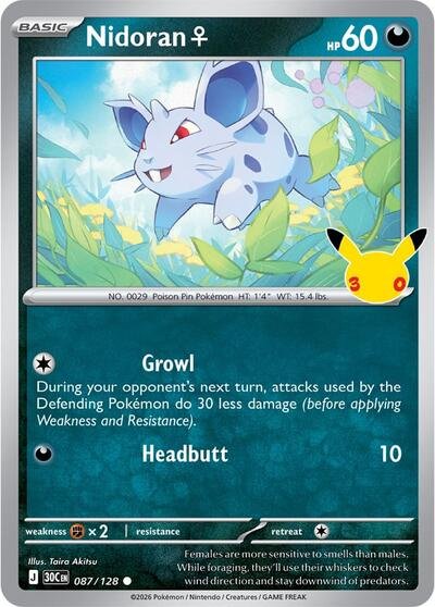 Pokémon card: Nidoran F 087/128 from 30th Celebration (M6a) (Common), Darkness type, front of card