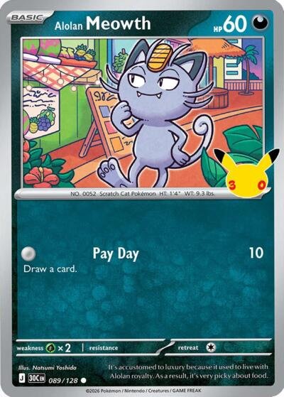 Pokémon card: Alolan Meowth 089/128 from 30th Celebration (M6a) (Common), Darkness type, front of card
