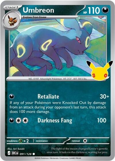 Pokémon card: Umbreon 091/128 from 30th Celebration (M6a) (Common), Darkness type, front of card