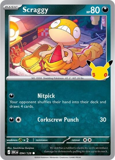 Pokémon card: Scraggy 094/128 from 30th Celebration (M6a) (Common), Darkness type, front of card
