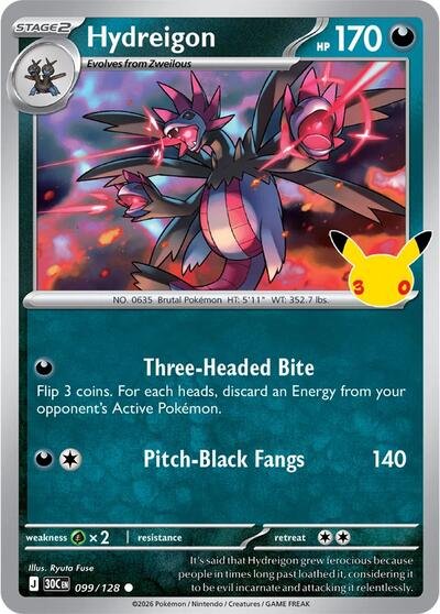 Pokémon card: Hydreigon 099/128 from 30th Celebration (M6a) (Common), Darkness type, front of card