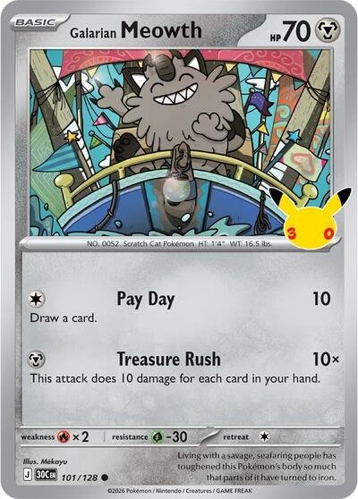 Pokémon card: Galarian Meowth 101/128 from 30th Celebration (M6a) (Common), Metal type, front of card