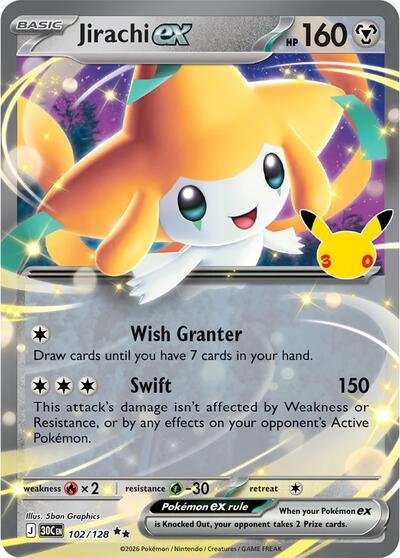 Pokémon card: Jirachi ex 102/128 from 30th Celebration (M6a) (Double Rare), Metal type, front of card