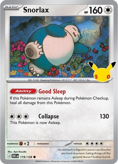 Pokémon card: Snorlax 119/128 from 30th Celebration (M6a) (Common), Colorless type, front of card