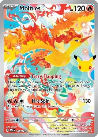 Pokémon card: Moltres 130/128 from 30th Celebration (M6a) (Illustration Rare), Fire type, front of card