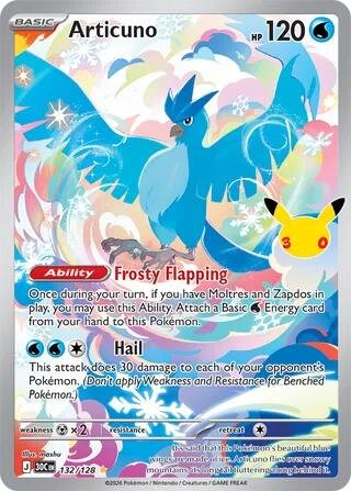 Pokémon card: Articuno 132/128 from 30th Celebration (M6a) (Illustration Rare), Water type, front of card