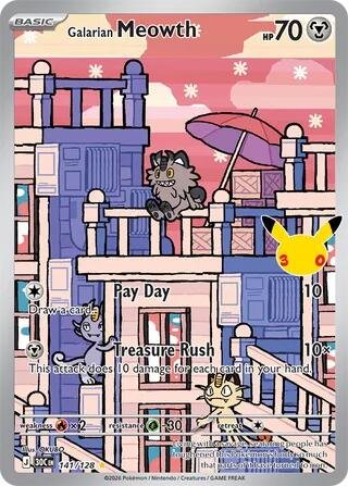 Pokémon card: Galarian Meowth 141/128 from 30th Celebration (M6a) (Illustration Rare), Metal type, front of card