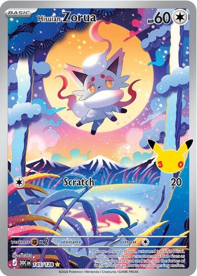 Pokémon card: Hisuian Zorua 145/128 from 30th Celebration (M6a) (Illustration Rare), Colorless type, front of card
