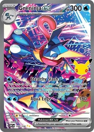 Pokémon card: Greninja ex 148/128 from 30th Celebration (M6a) (Special Illustration Rare), Water type, front of card