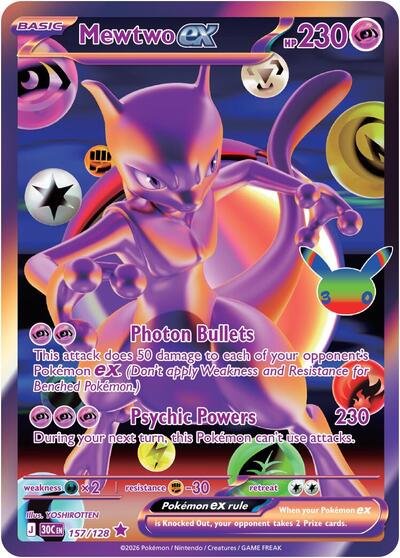Pokémon card: Mewtwo ex Futuristic 157/128 from 30th Celebration (M6a) (Rare), Psychic type, front of card