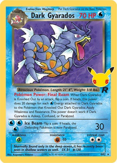 Pokémon card: Dark Gyarados Classic Collection 008/082 from Celebrations Classic Collection, Water type, front of card