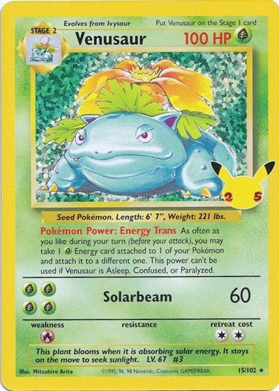 Pokémon card: Venusaur Classic Collection 015/102 from Celebrations Classic Collection, Grass type, front of card