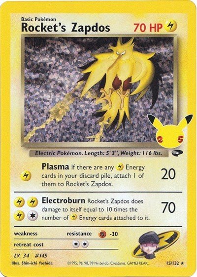 Pokémon card: Rocket's Zapdos Classic Collection 015/132 from Celebrations Classic Collection, Lightning type, front of card